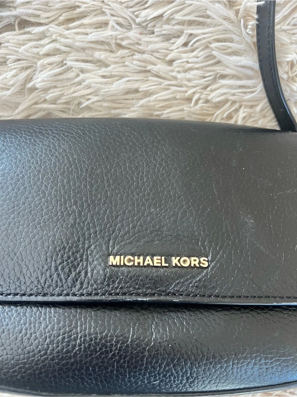 MICHAEL KORS Black Pebbled Leather Flap Crossbody with Gold Hardware